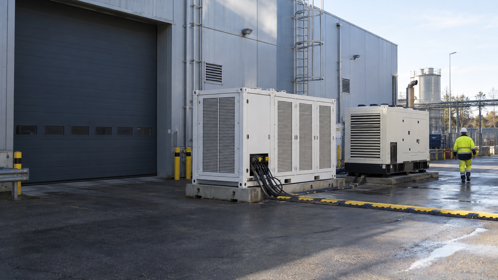 Batterie mobile et groupe électrogène installés à proximité d’un bâtiment industriel