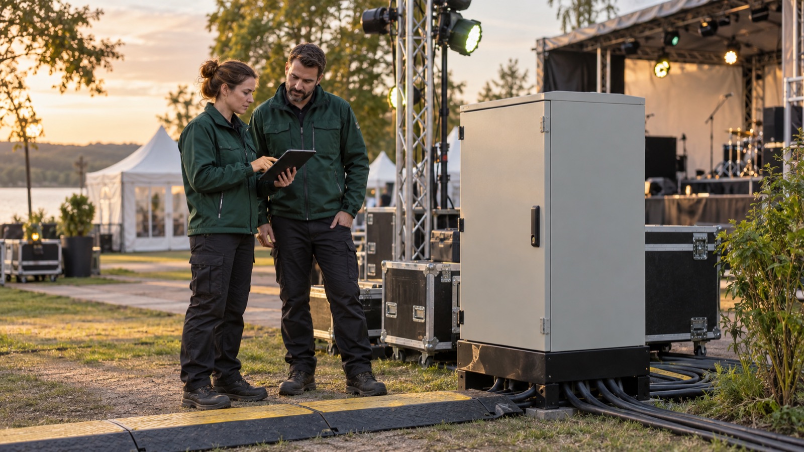 Illustration de techniciens préparant la distribution électrique d’un événement extérieur