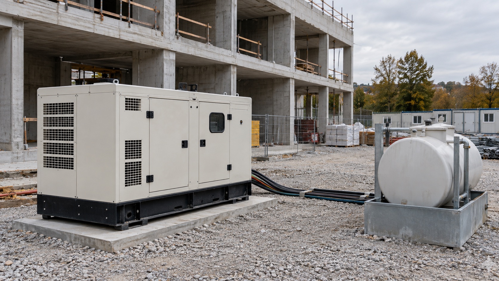 Groupe électrogène et cuve de carburant dans une zone technique de chantier