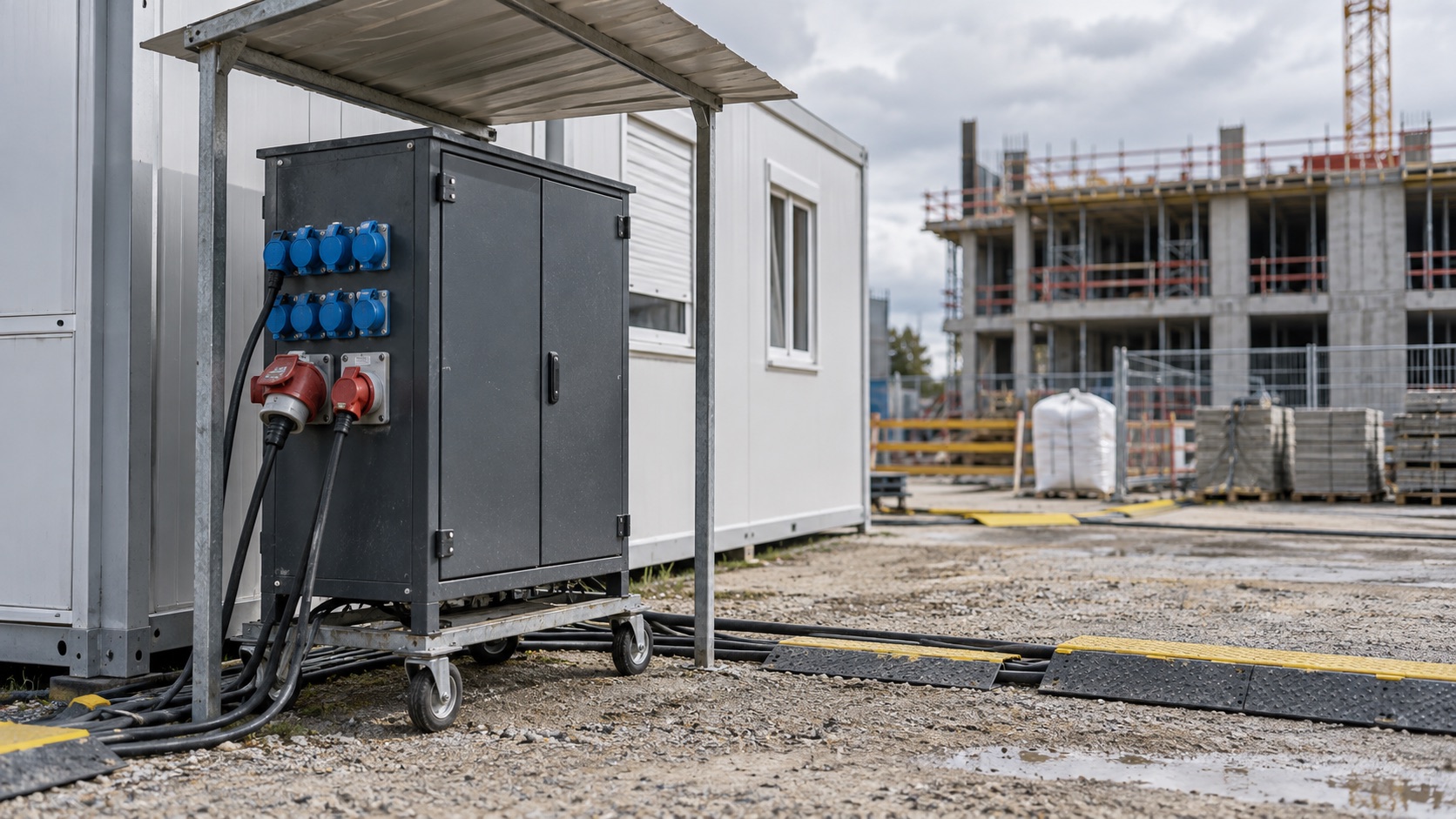 Coffret de distribution électrique fermé à proximité des installations de chantier