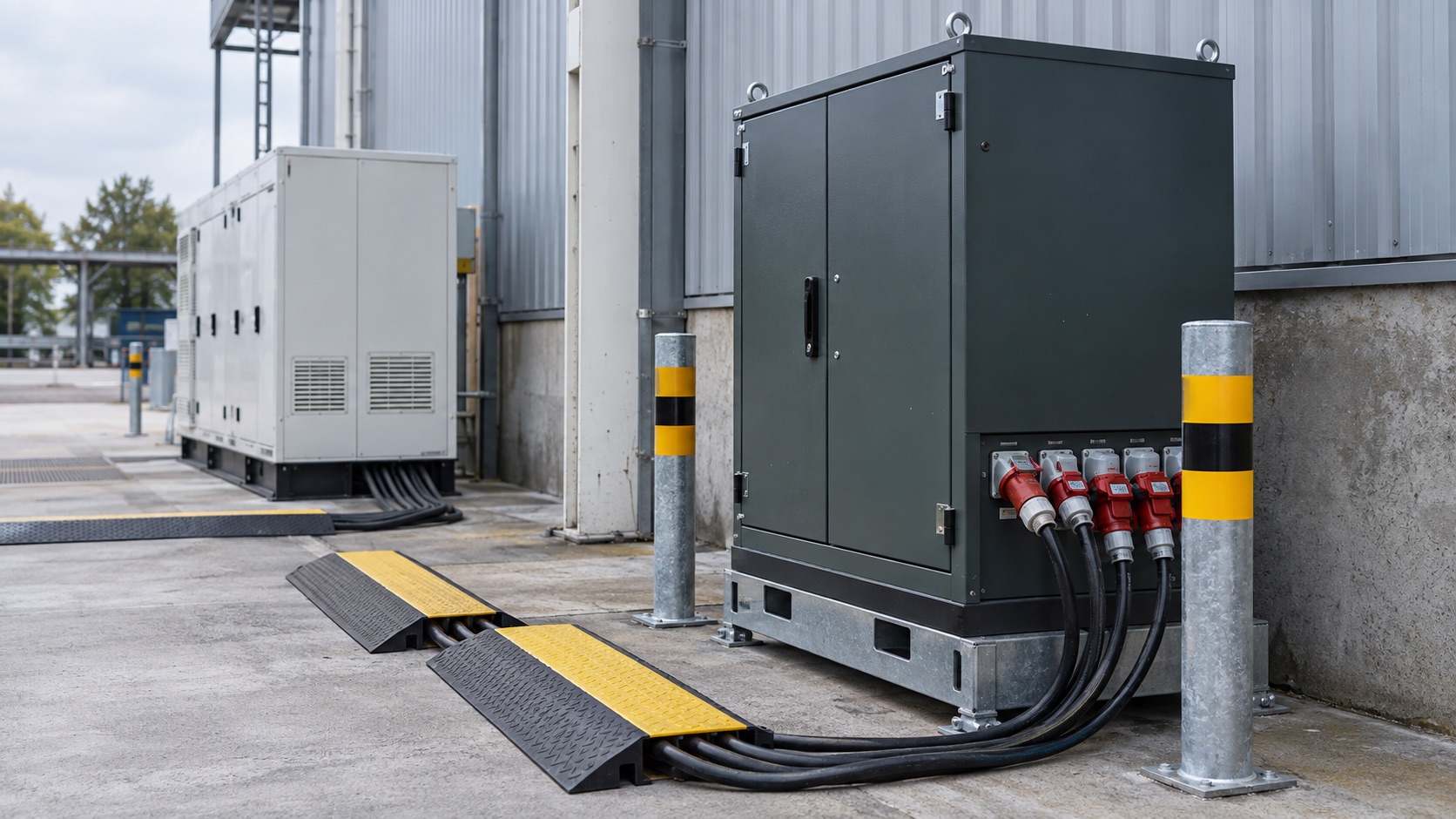 Armoire de distribution électrique temporaire et câbles protégés par des passages de câbles