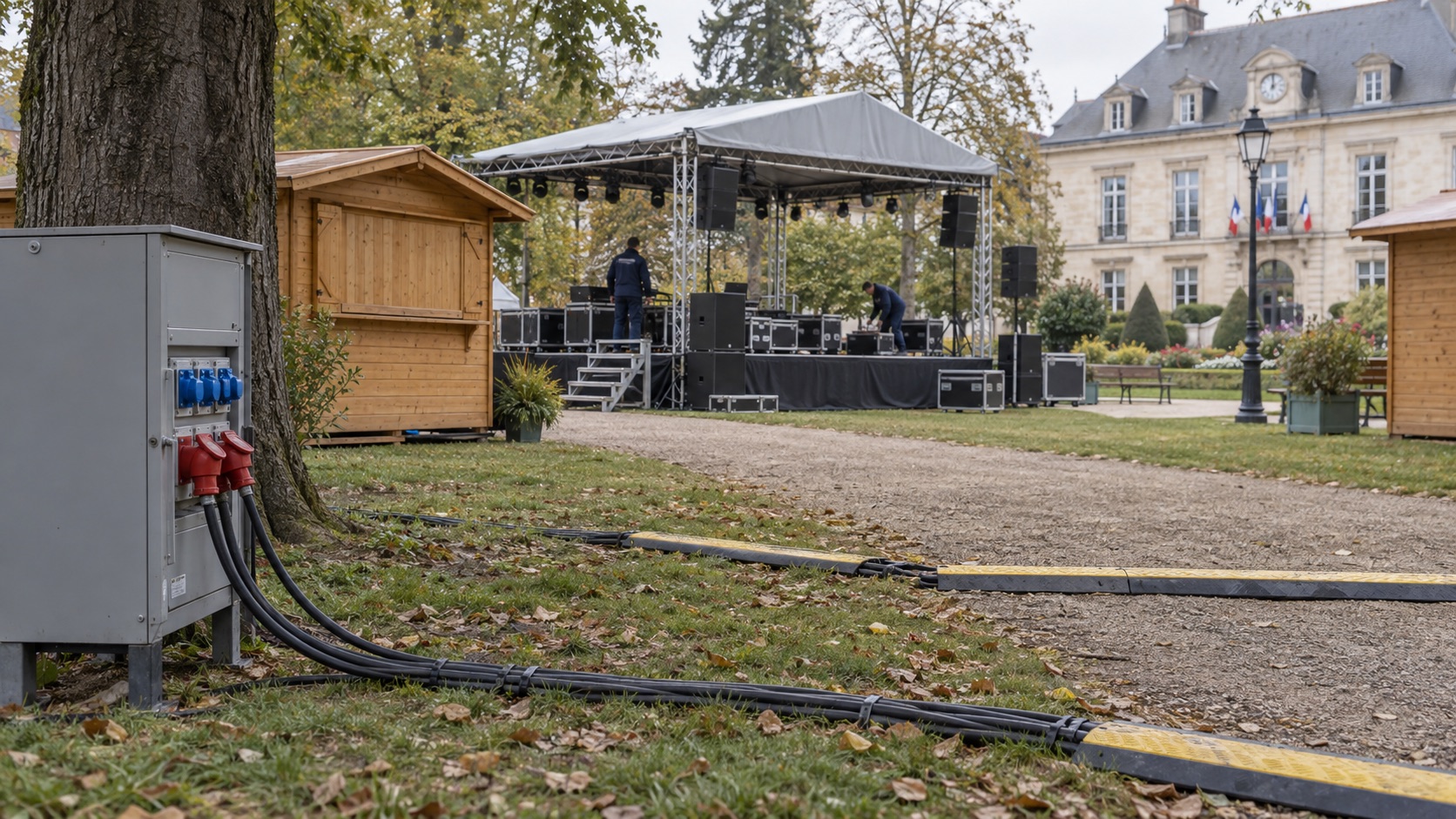 Installation électrique temporaire lors du montage d’un événement dans un parc municipal