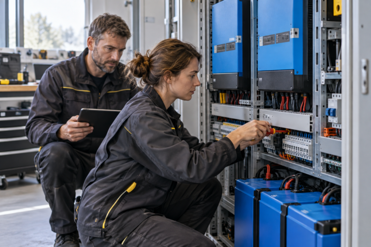 Deux techniciens travaillent sur une armoire de conversion et de stockage d’énergie en atelier