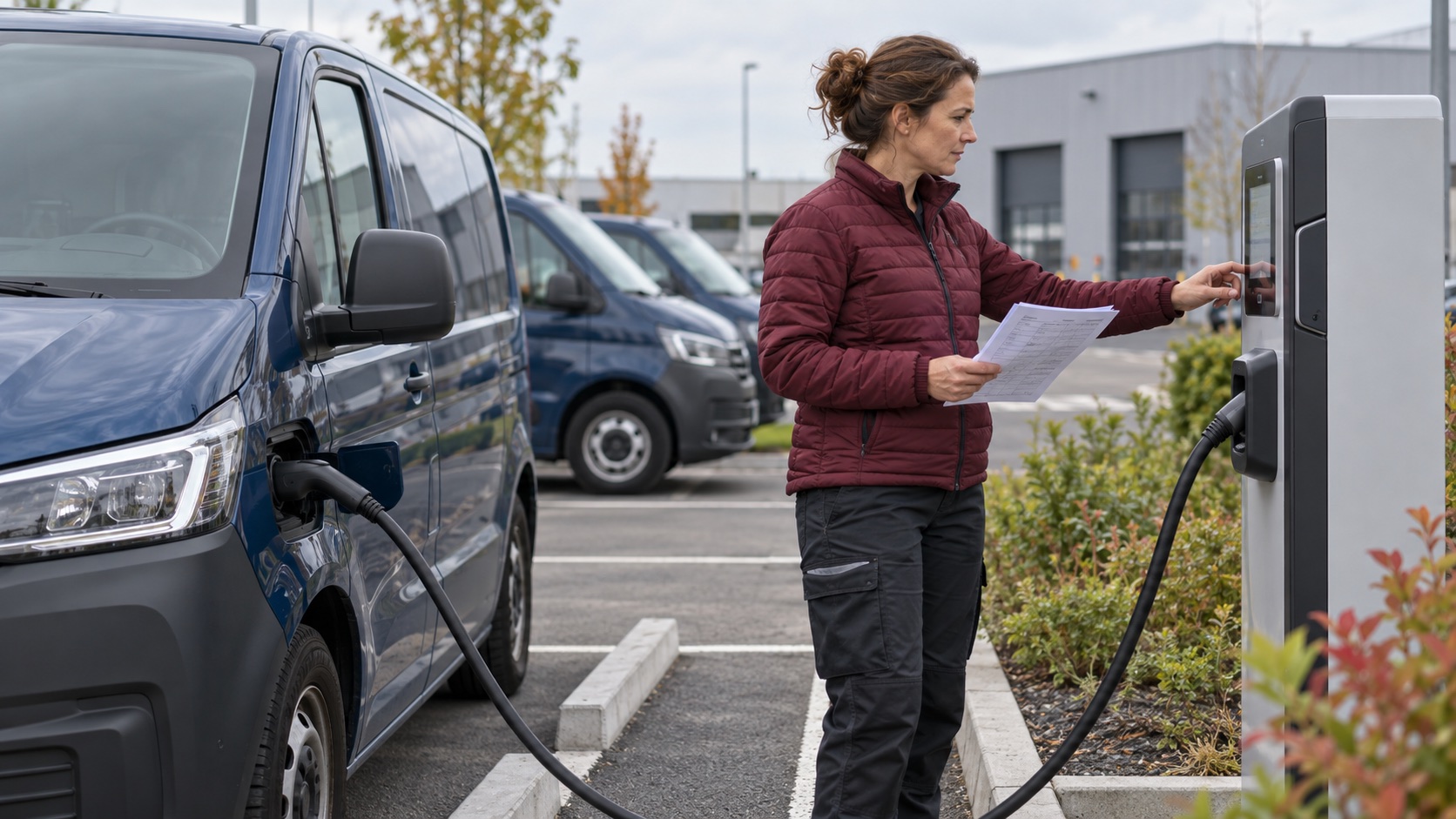 Responsable de flotte contrôlant une borne de recharge auprès d’un utilitaire électrique au dépôt