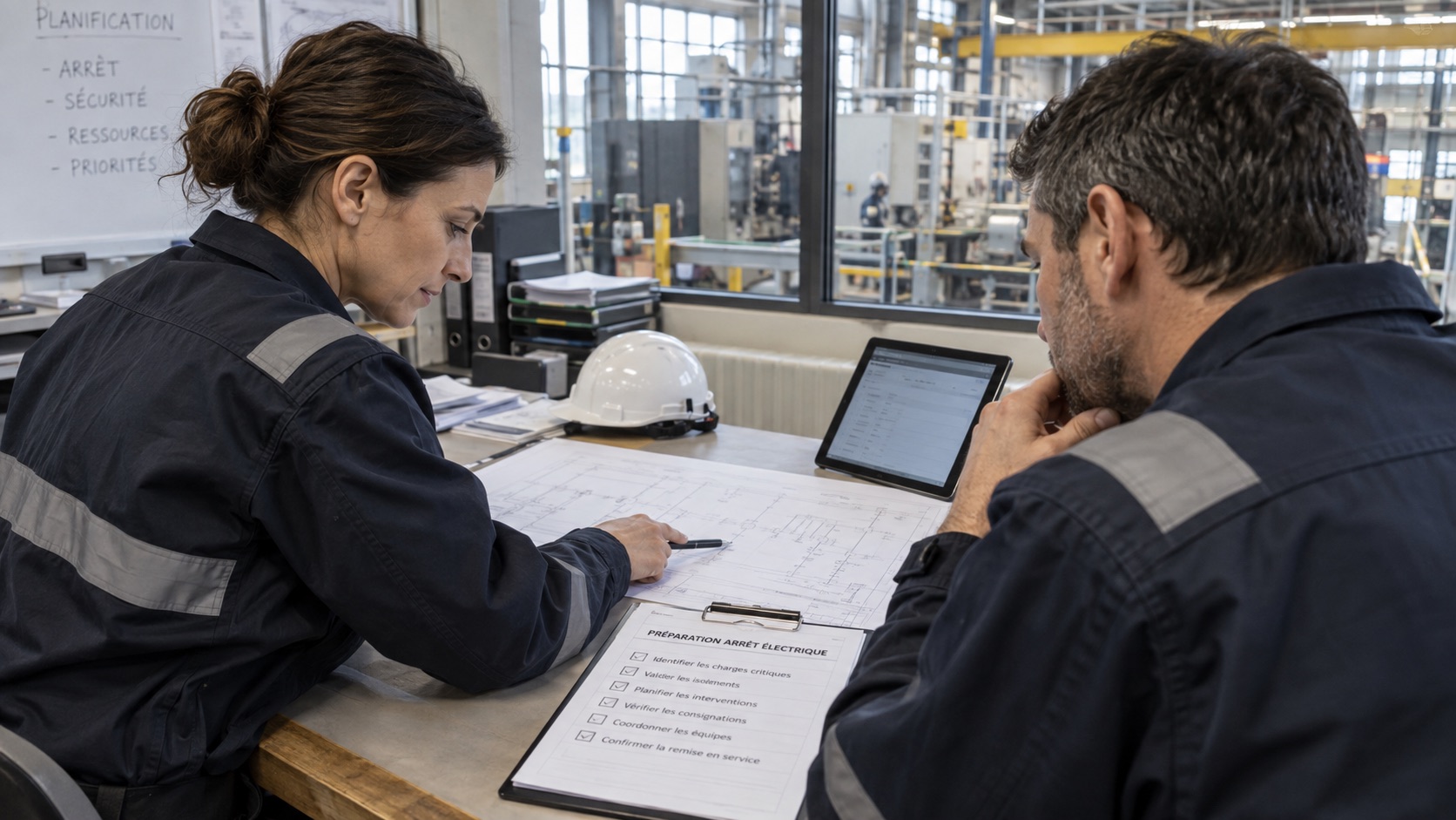 Deux professionnels de maintenance étudient un schéma électrique et la préparation d’un arrêt technique