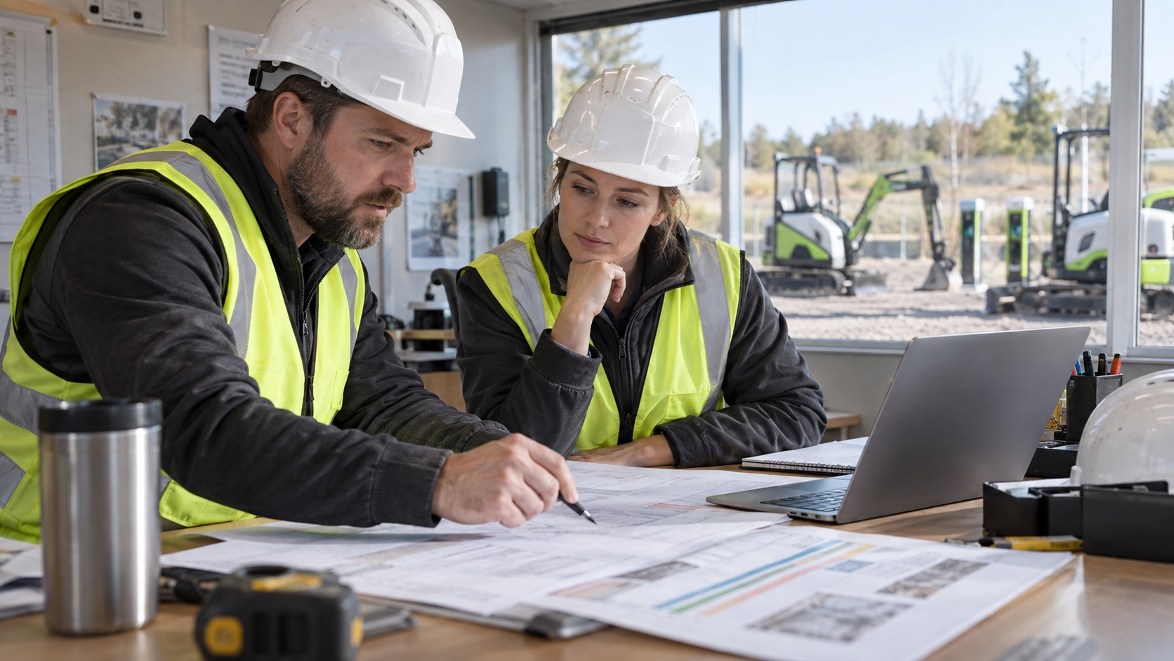 Deux professionnels préparent le planning et le besoin énergétique d’un chantier électrique