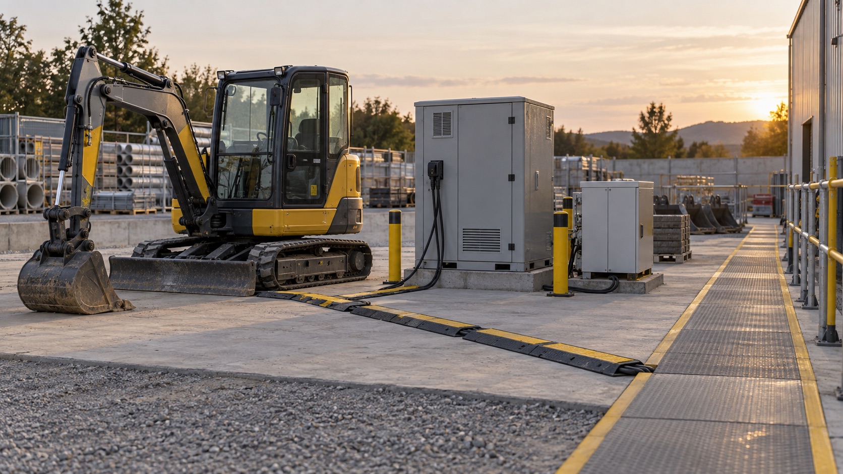 Engin électrique près d’une installation de recharge et de stockage batterie sur une aire de chantier
