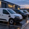 Flotte d’utilitaires électriques en recharge au dépôt avant le départ des équipes