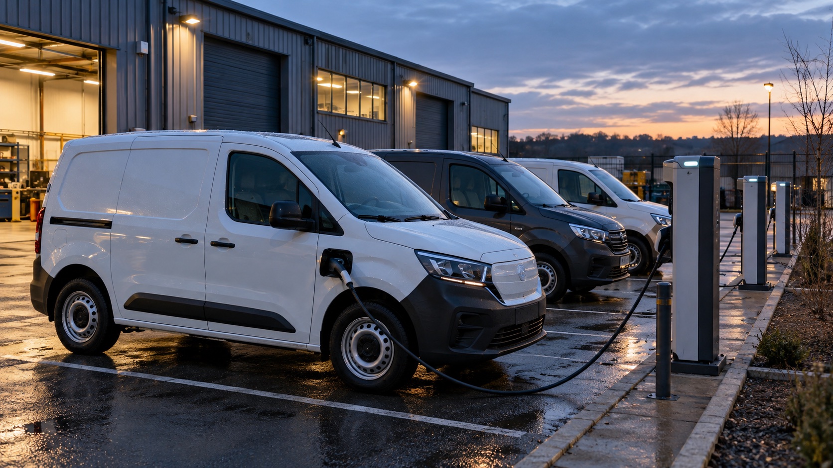 Flotte d’utilitaires électriques en recharge au dépôt avant le départ des équipes