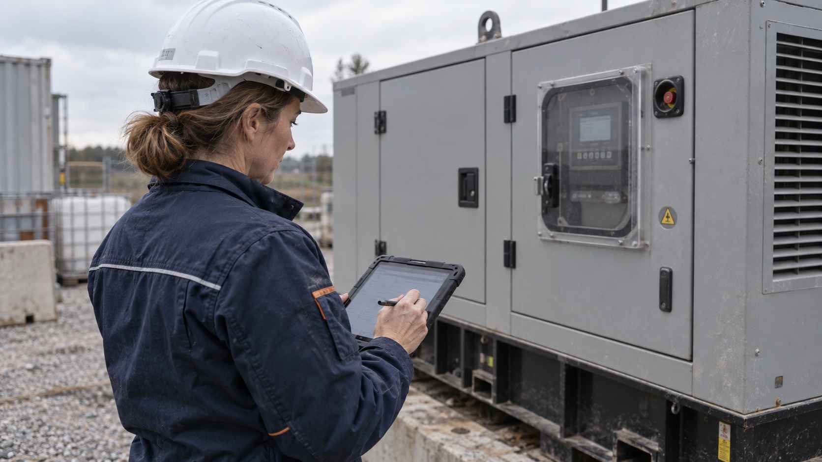Technicienne relevant les données de fonctionnement d’un groupe électrogène sur chantier