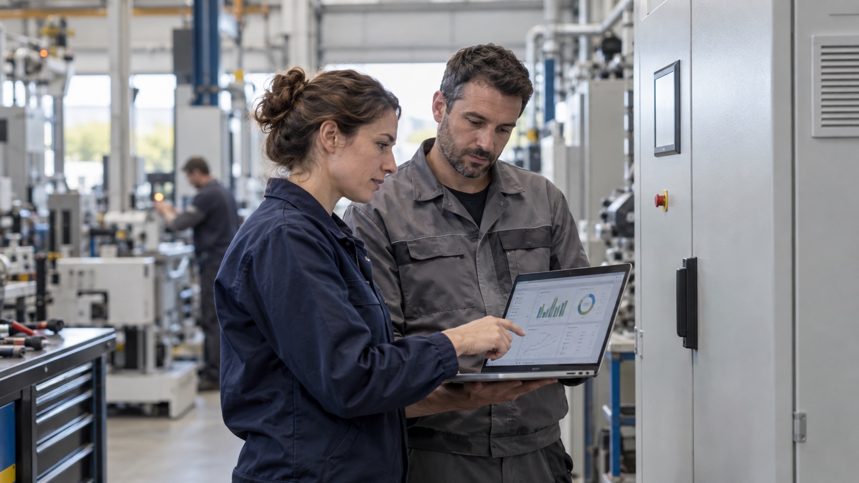 Deux professionnels préparent le suivi énergétique dans un atelier industriel