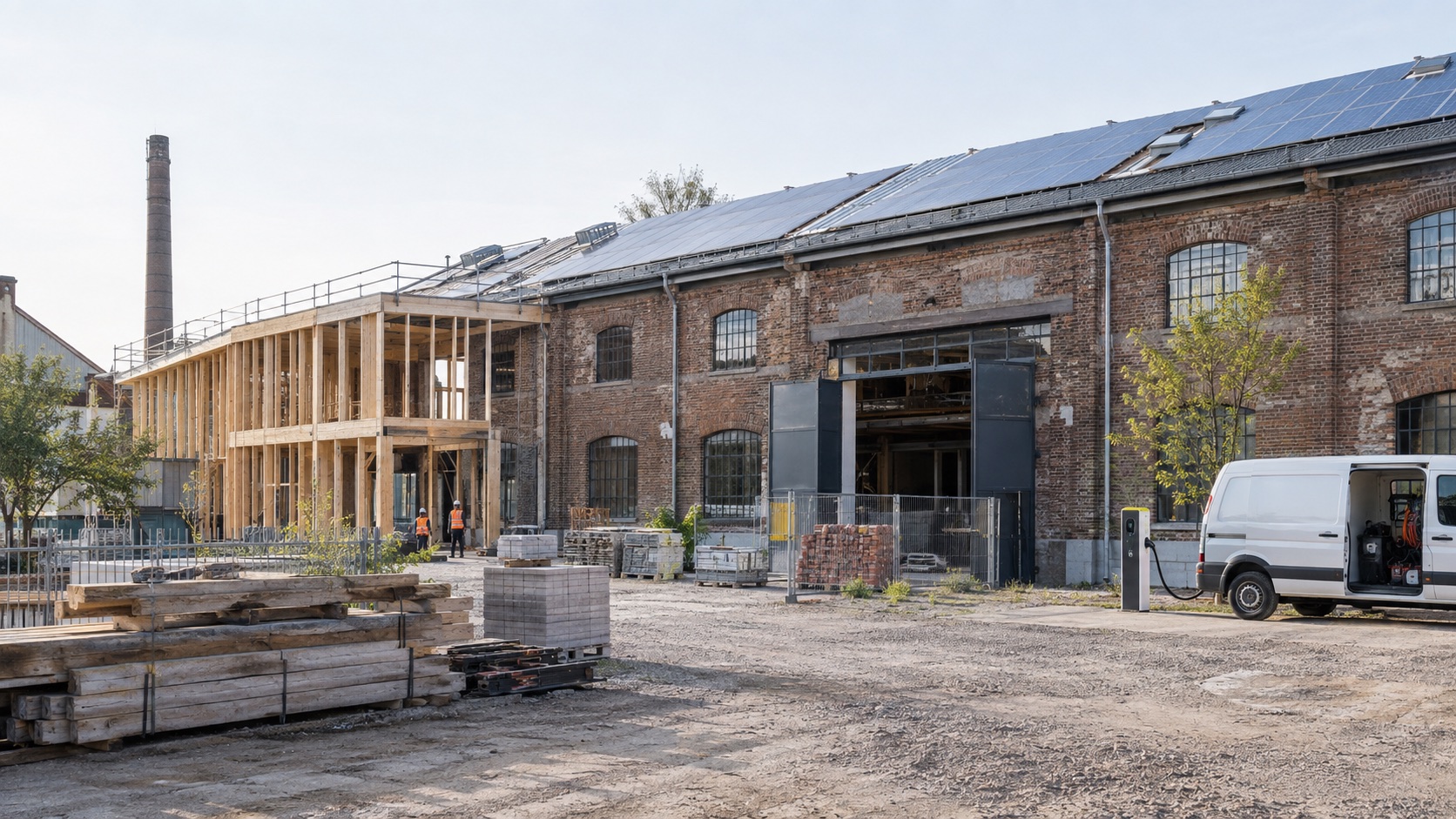 Réhabilitation d’un bâtiment industriel avec extension bois, panneaux solaires et recharge de véhicule