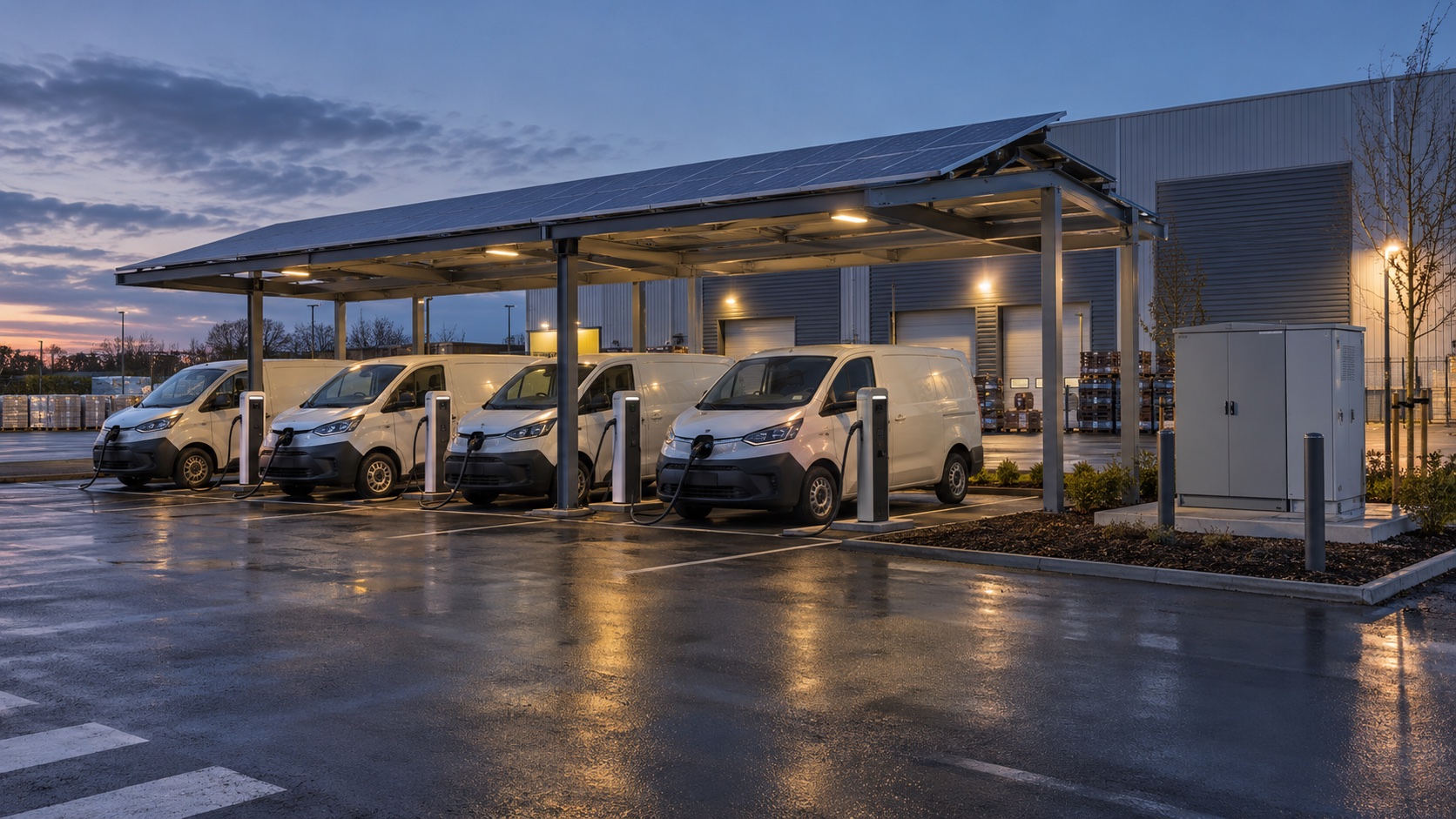 Illustration d’un dépôt de véhicules électriques sous une ombrière solaire avec stockage sur batterie