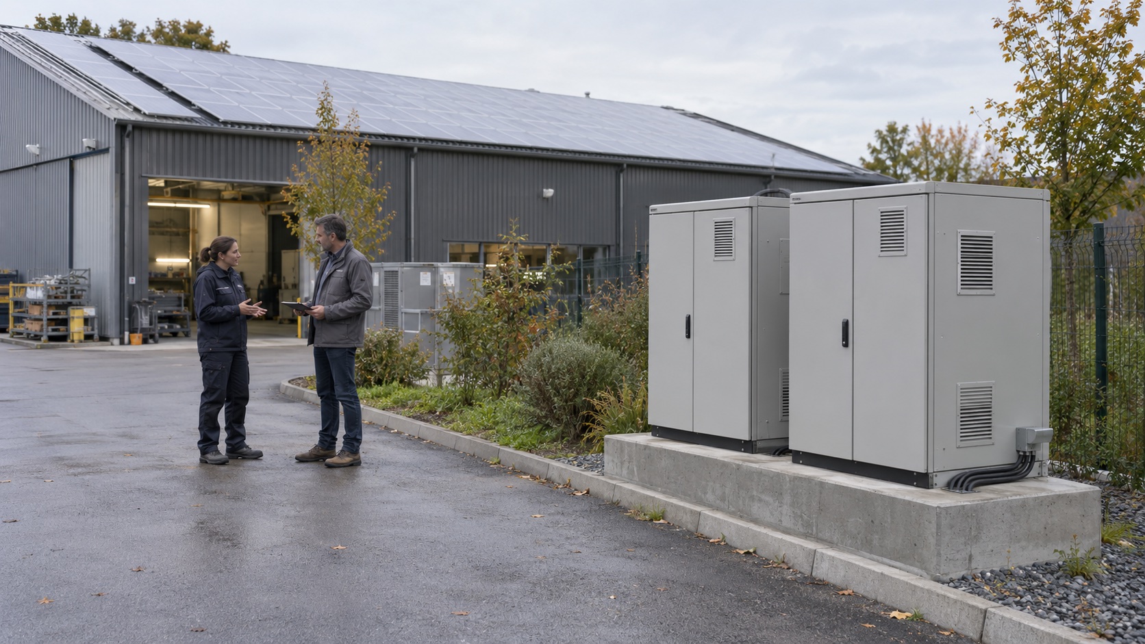 Illustration d’une batterie de stockage devant une entreprise équipée de panneaux solaires