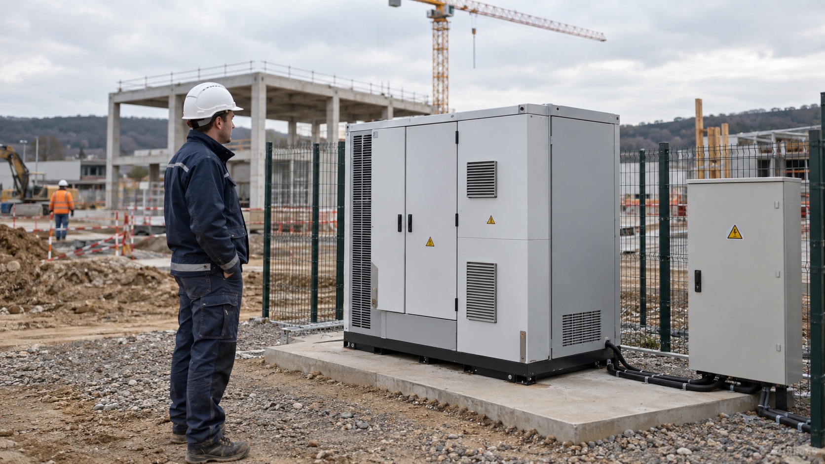 Illustration d’une batterie tampon sur un chantier pour compléter une alimentation électrique limitée