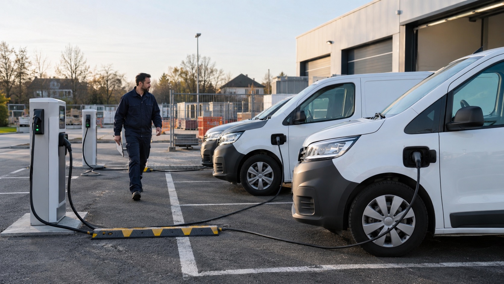 Des utilitaires électriques rechargent sur une zone provisoire de dépôt avant les tournées