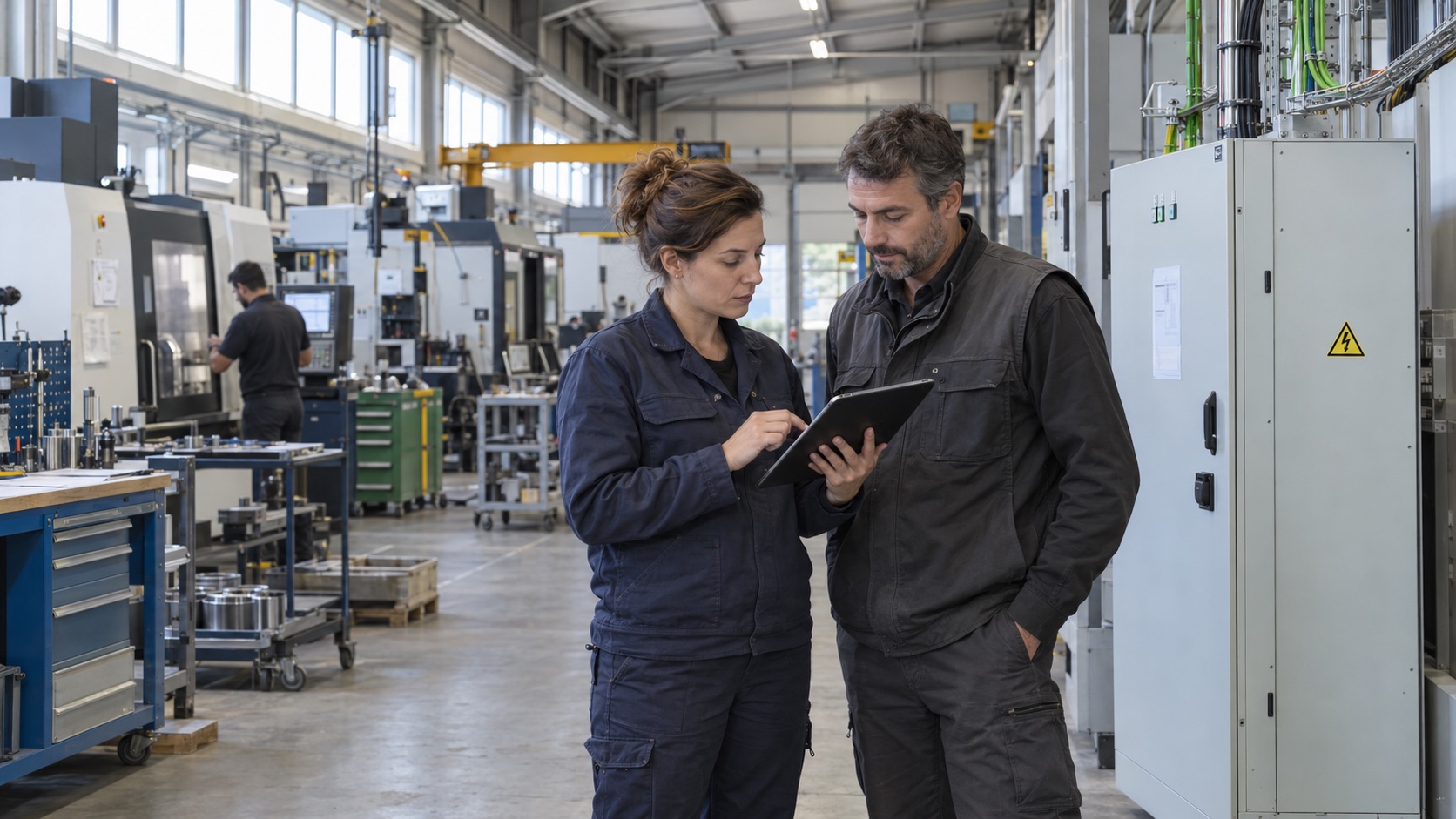 Illustration de deux responsables techniques analysant les besoins électriques dans un atelier industriel