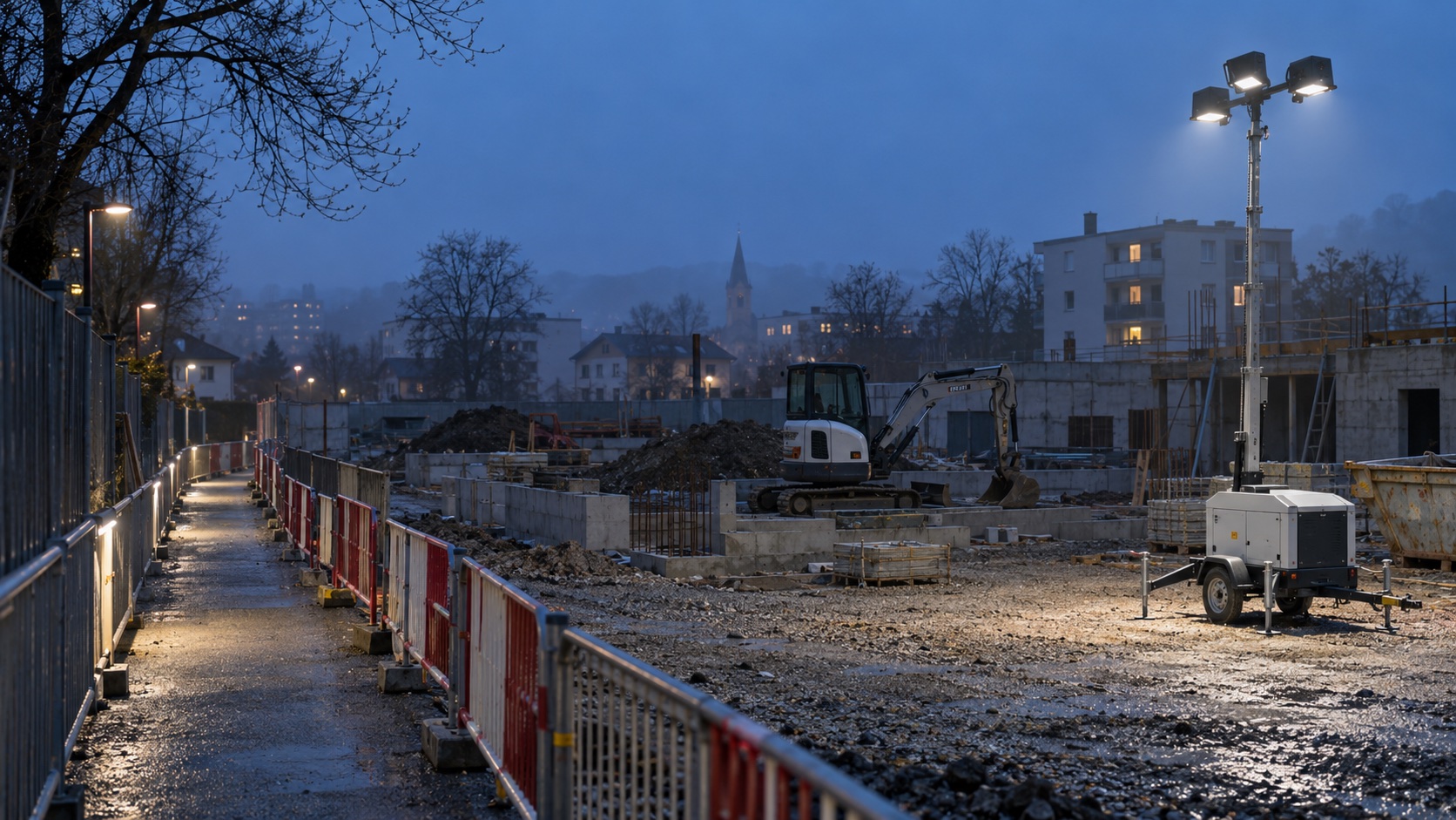 Illustration d’un chantier urbain en hiver, éclairé au crépuscule par un mât LED mobile