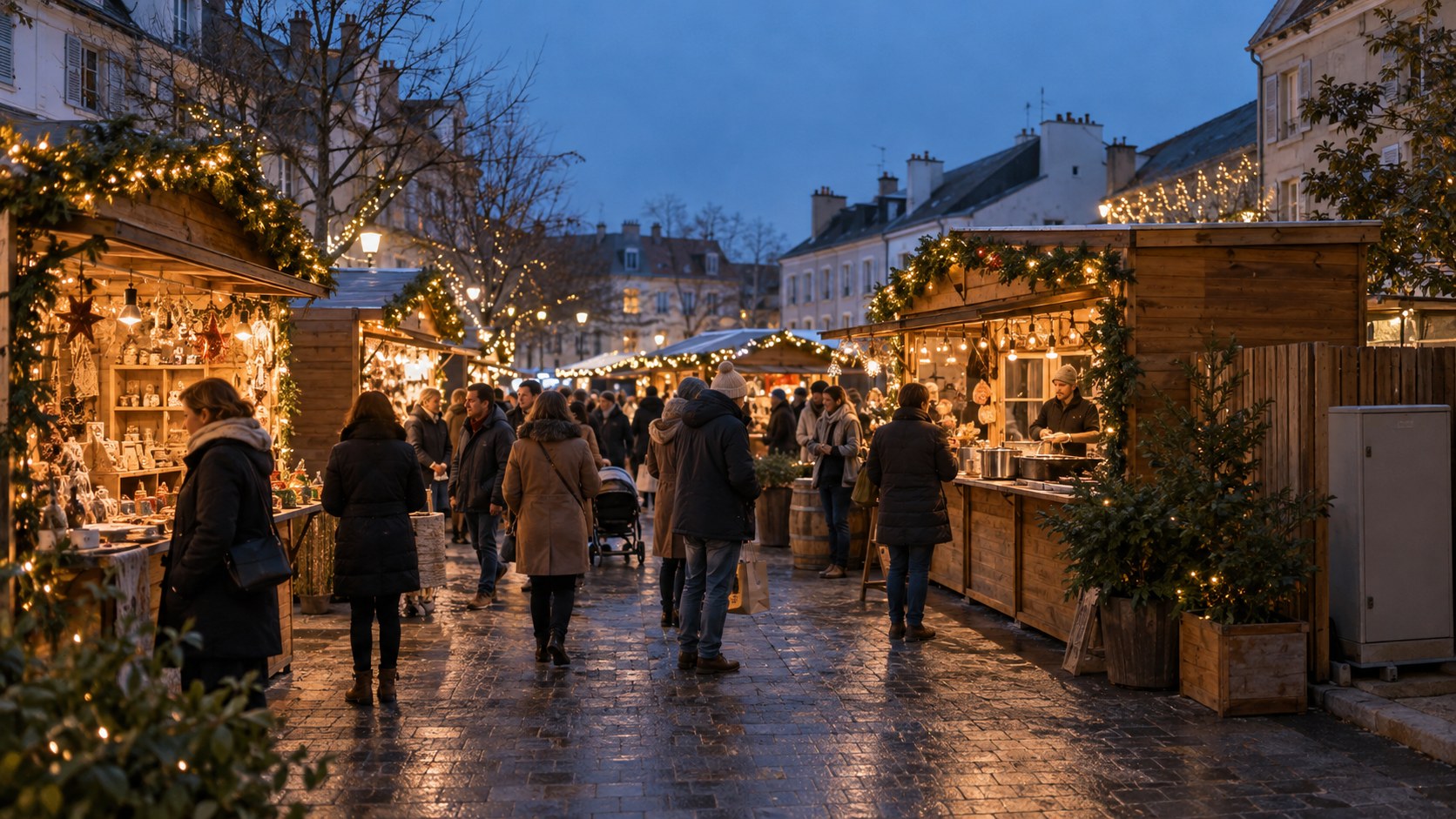 Illustration d’un marché de Noël au crépuscule avec chalets éclairés et visiteurs