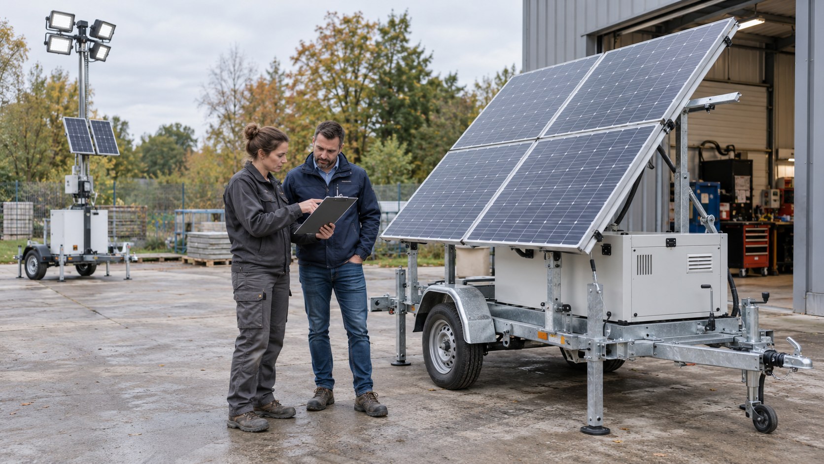 Illustration de deux professionnels étudiant un projet d’équipement à côté d’une remorque solaire et d’une tour d’éclairage