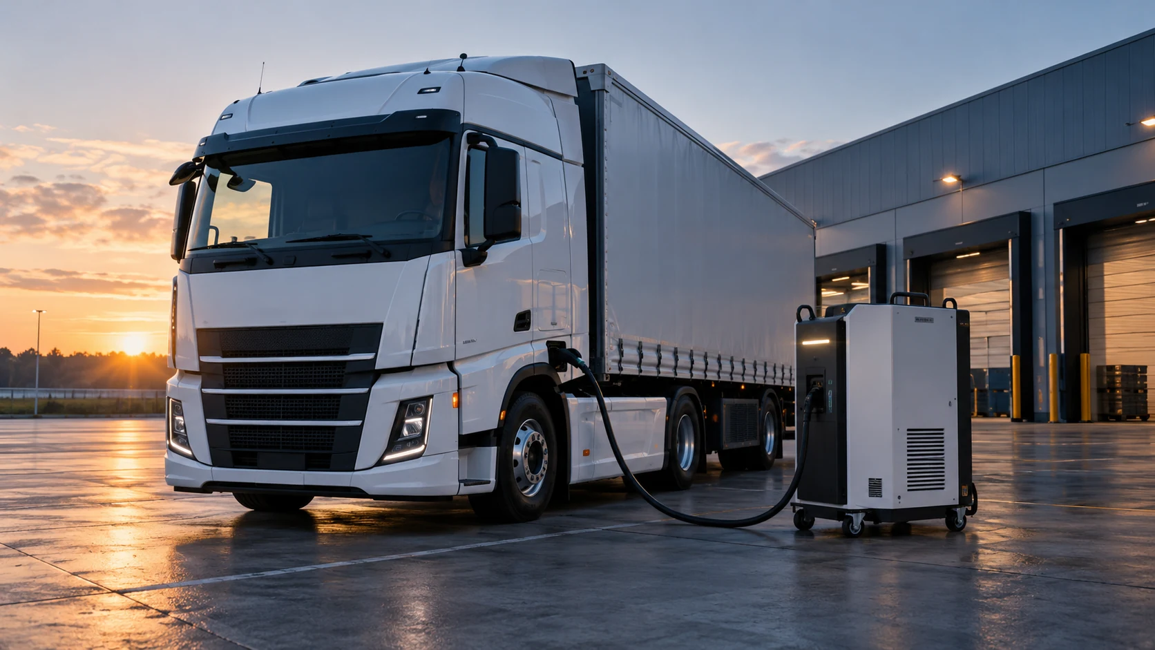 Illustration d’un camion électrique relié à une borne de recharge mobile sur un dépôt.