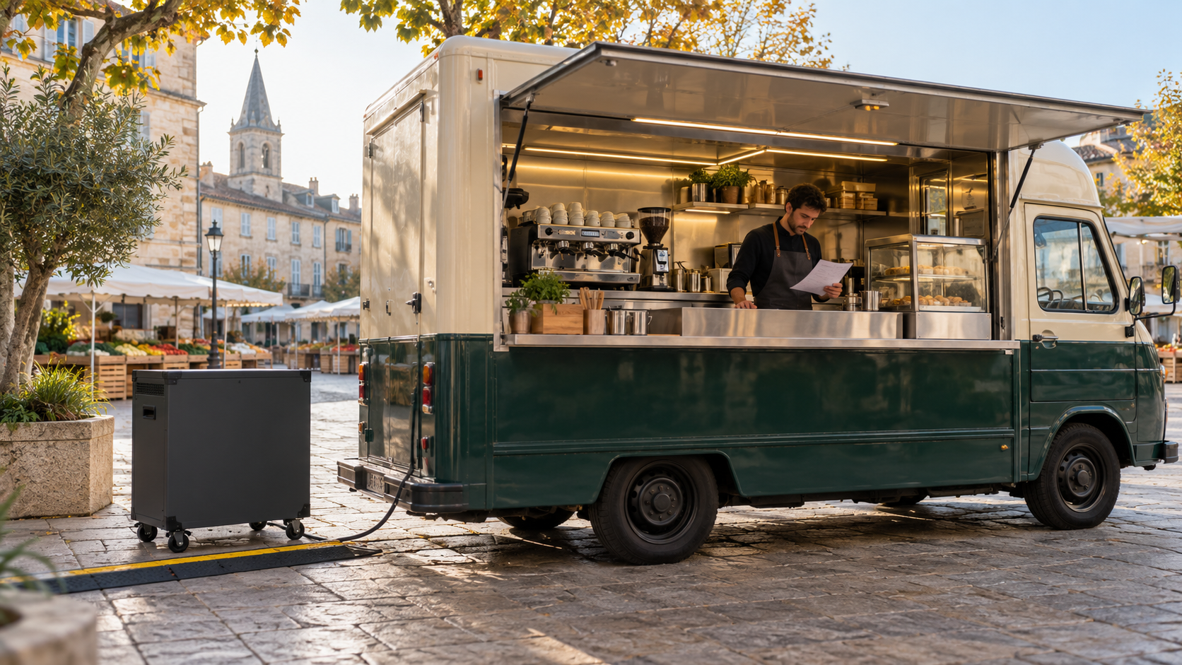 Illustration d’un food truck en préparation de service avec une batterie mobile placée à l’extérieur