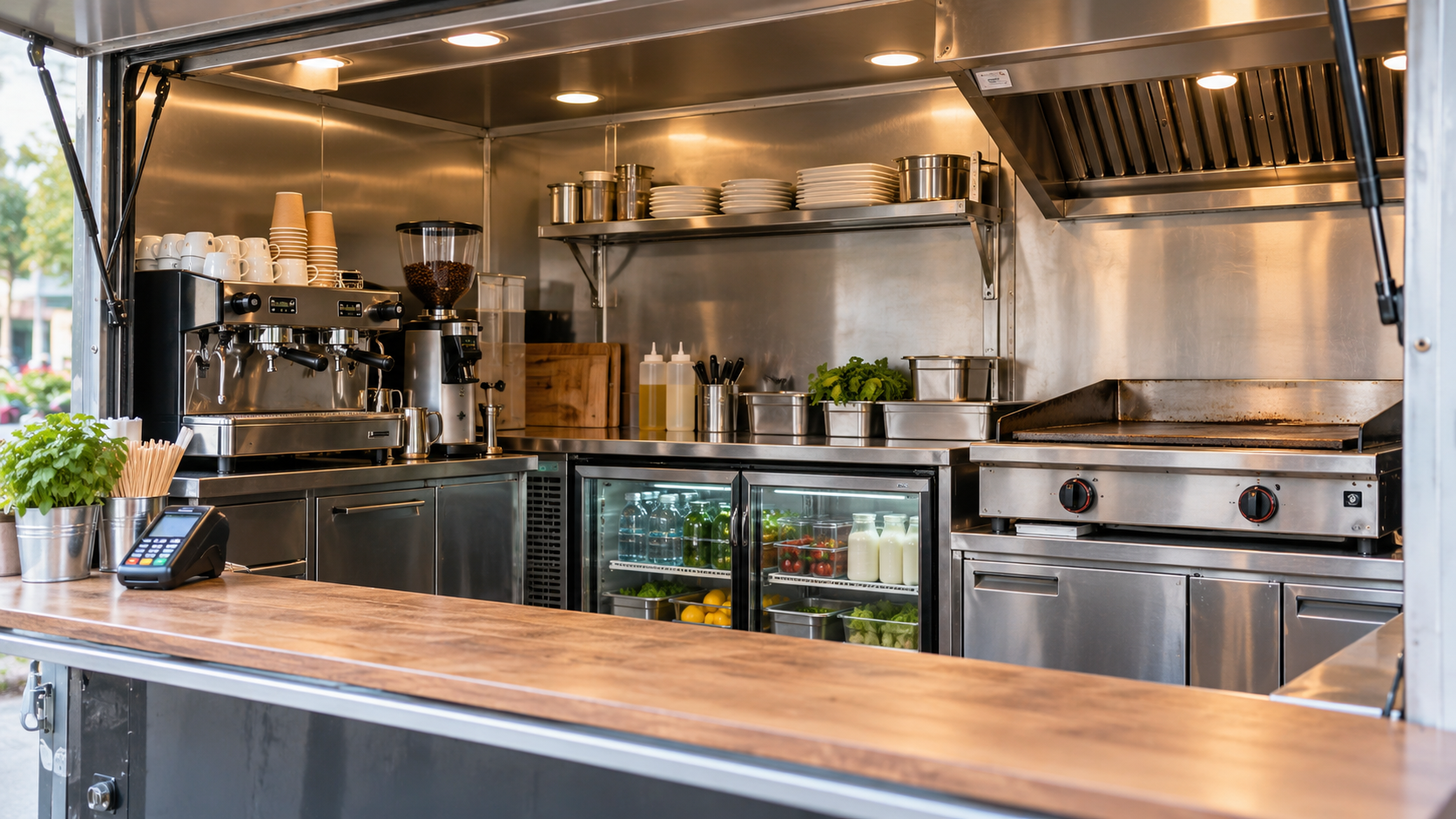 Équipements électriques illustrés dans un food truck : machine à café, froid, cuisson, éclairage et terminal de paiement