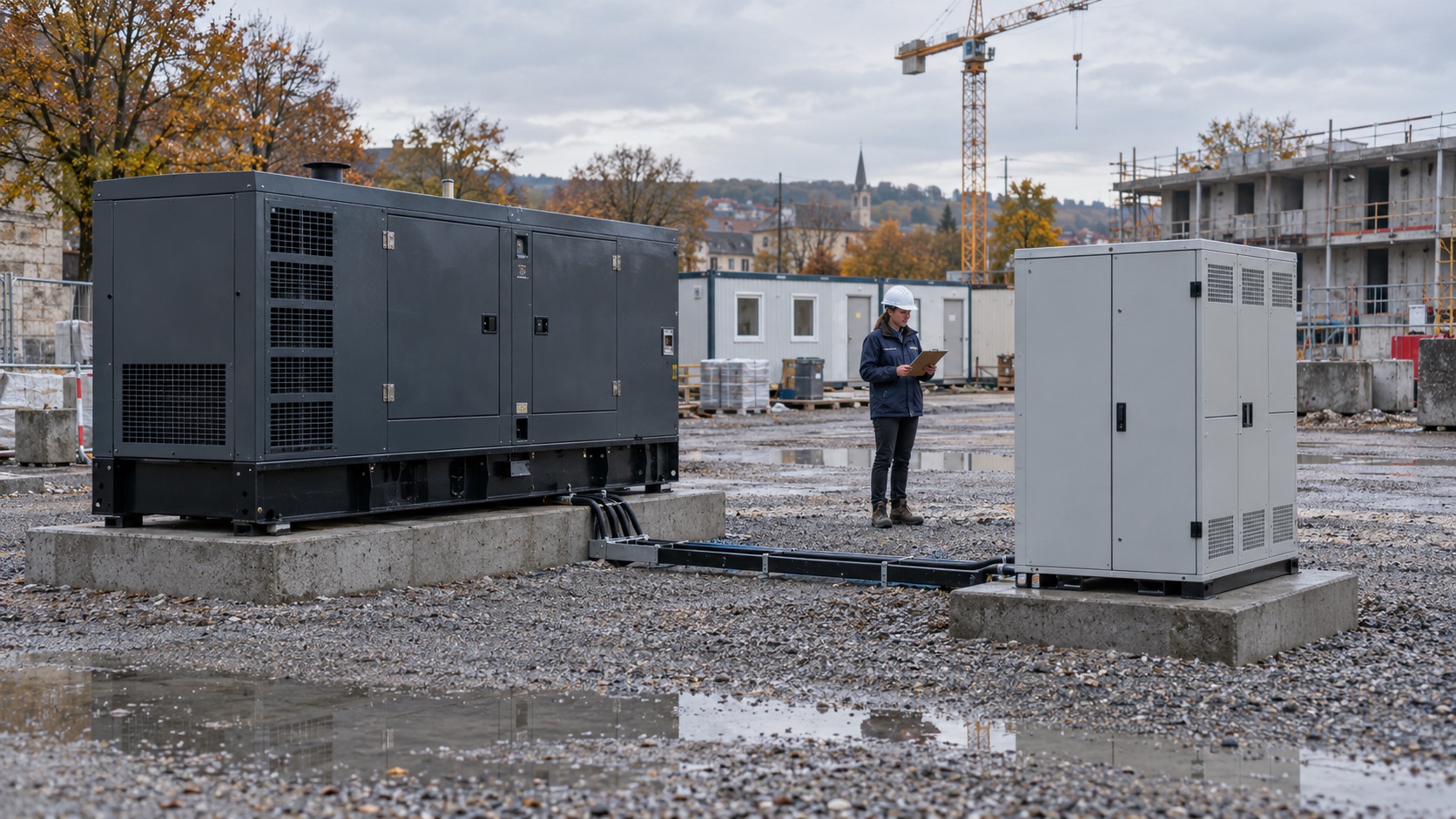 Un groupe électrogène et une batterie mobile sur un chantier, avec une responsable préparant leur utilisation — illustration