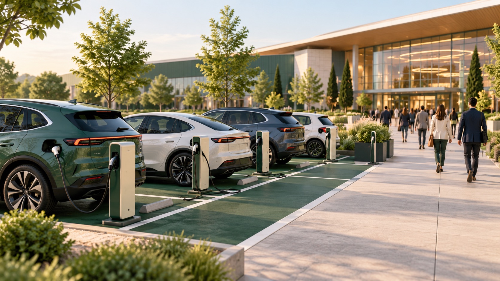 Illustration de voitures électriques rechargeant sur le parking visiteurs d’un lieu événementiel