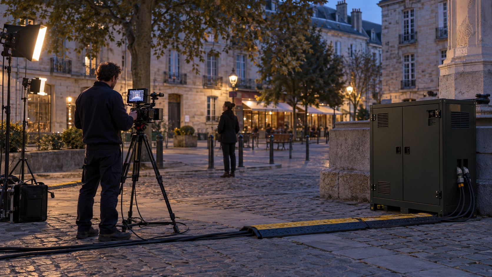 Équipe de tournage et batterie mobile pour une alimentation électrique temporaire en ville