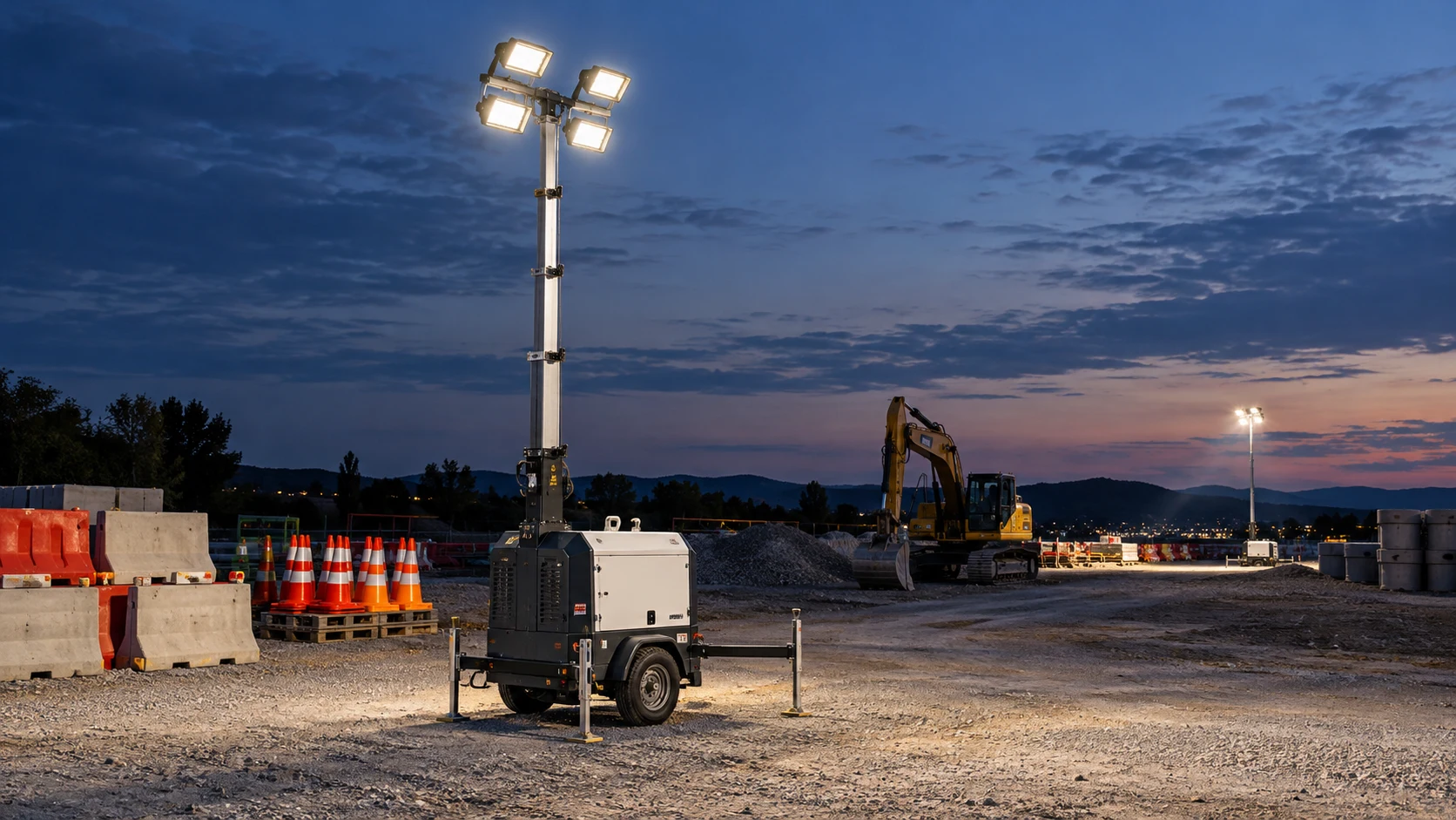 Mât d’éclairage mobile à LED illuminant une zone de chantier au crépuscule — illustration Flex-Grid