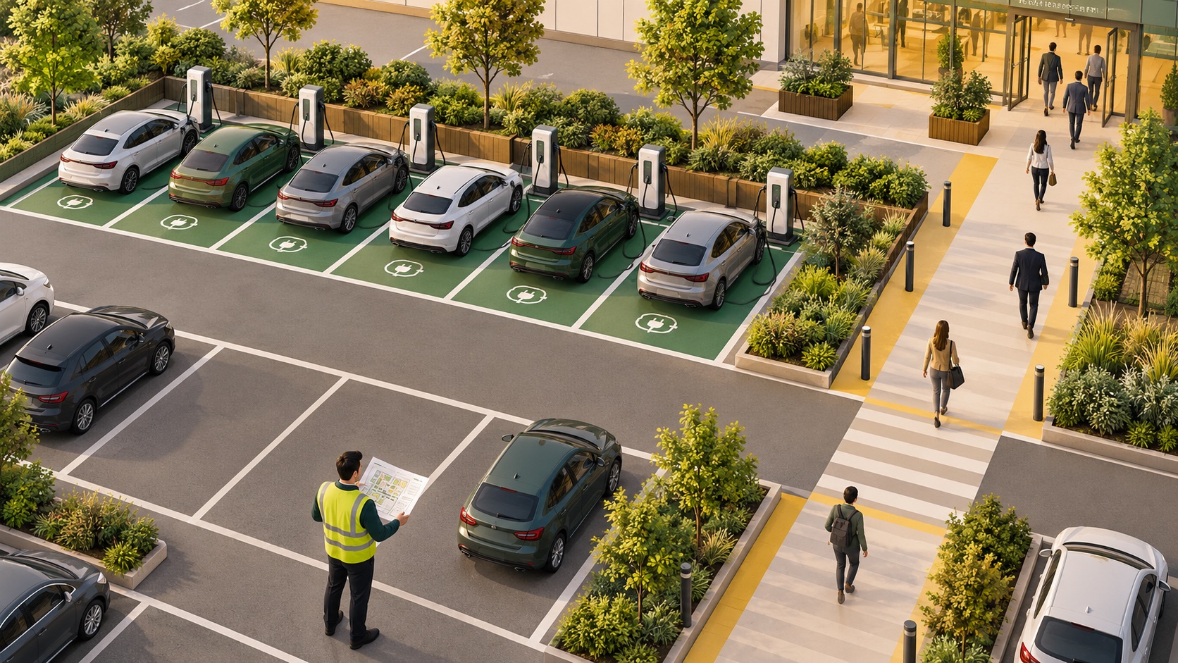 Illustration d’un parking événementiel avec des places de recharge séparées du stationnement ordinaire et un cheminement piéton vers le lieu d’accueil