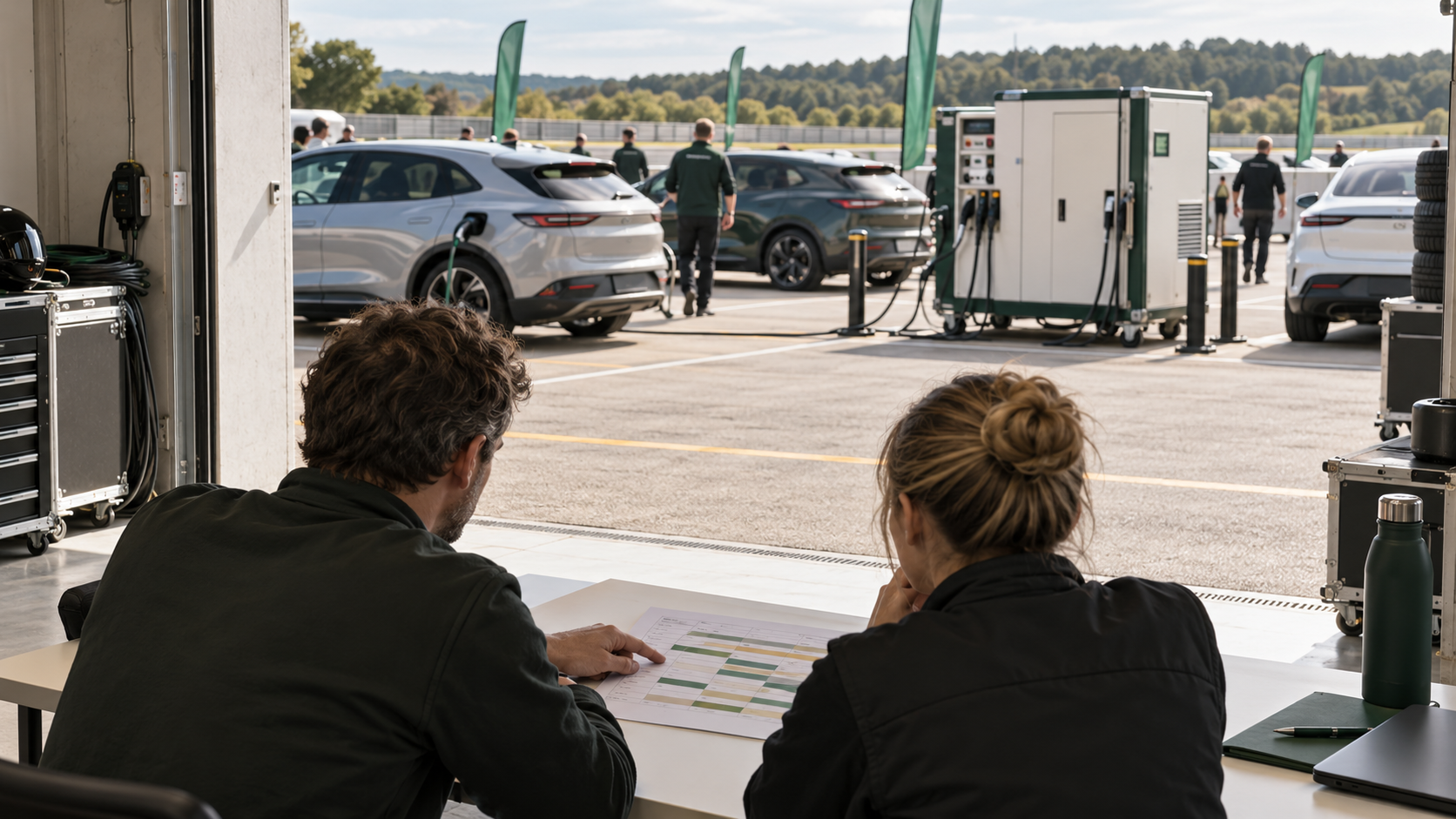 Illustration de deux coordinateurs préparant les rotations de recharge avec des véhicules électriques dans un paddock générique