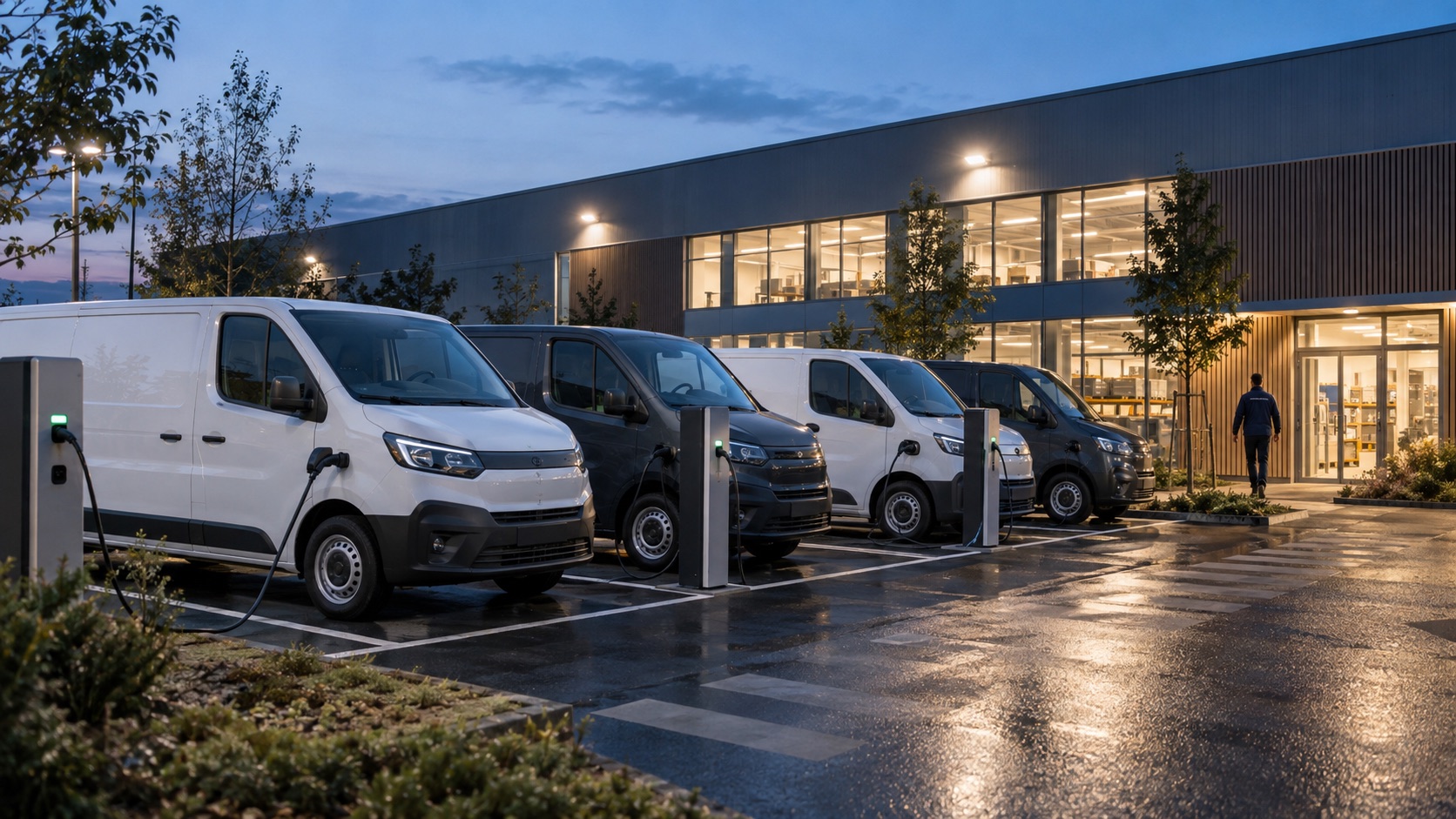 Illustration d’un dépôt de véhicules électriques avec des points de recharge organisés en soirée