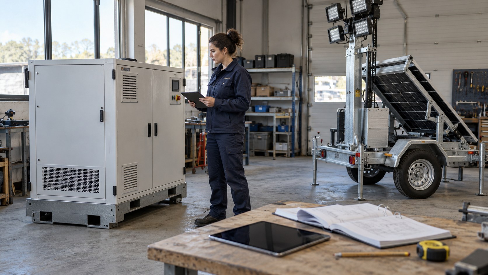 Illustration d’une préparation technique en atelier avec une batterie mobile, une tour solaire et un dossier matériel