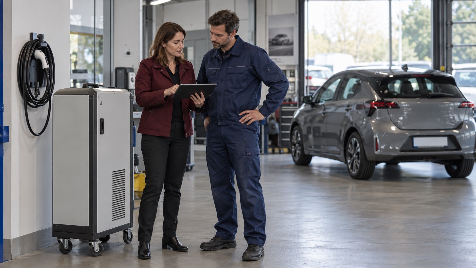 Une responsable de flotte et un technicien préparent une recharge temporaire dans un atelier automobile
