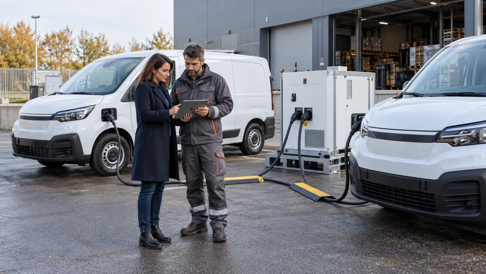 Une responsable et un technicien préparent la recharge temporaire d’utilitaires électriques dans un dépôt — illustration