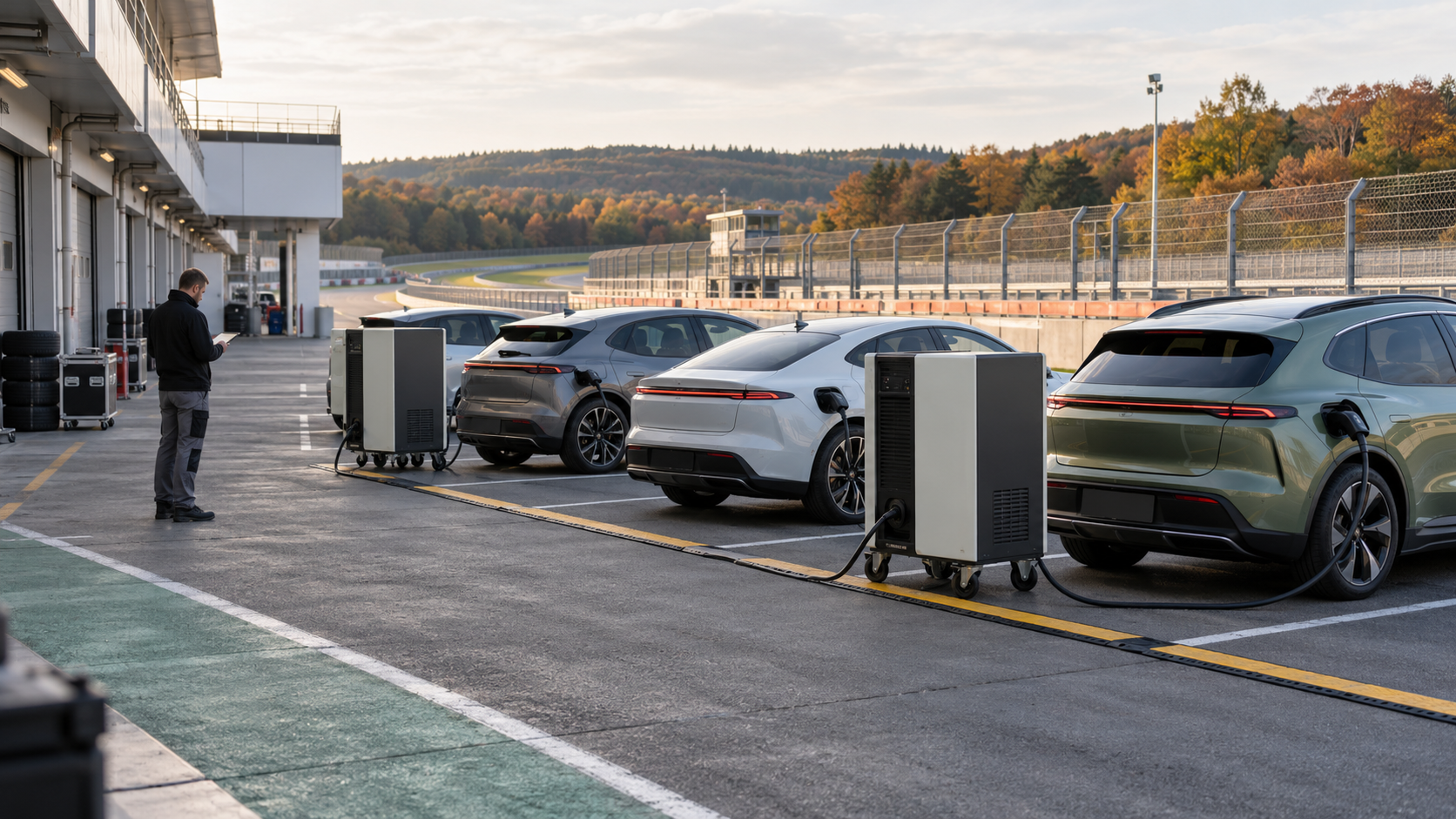 Illustration de bornes de recharge mobiles et de voitures électriques dans un paddock de circuit générique