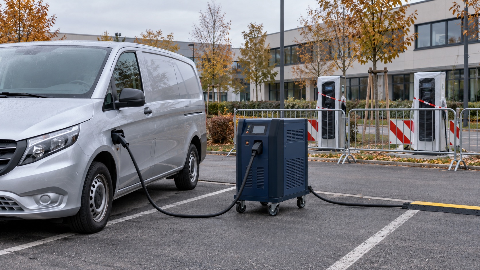 Un utilitaire électrique utilise une borne mobile pendant les travaux sur les bornes fixes d’un parking