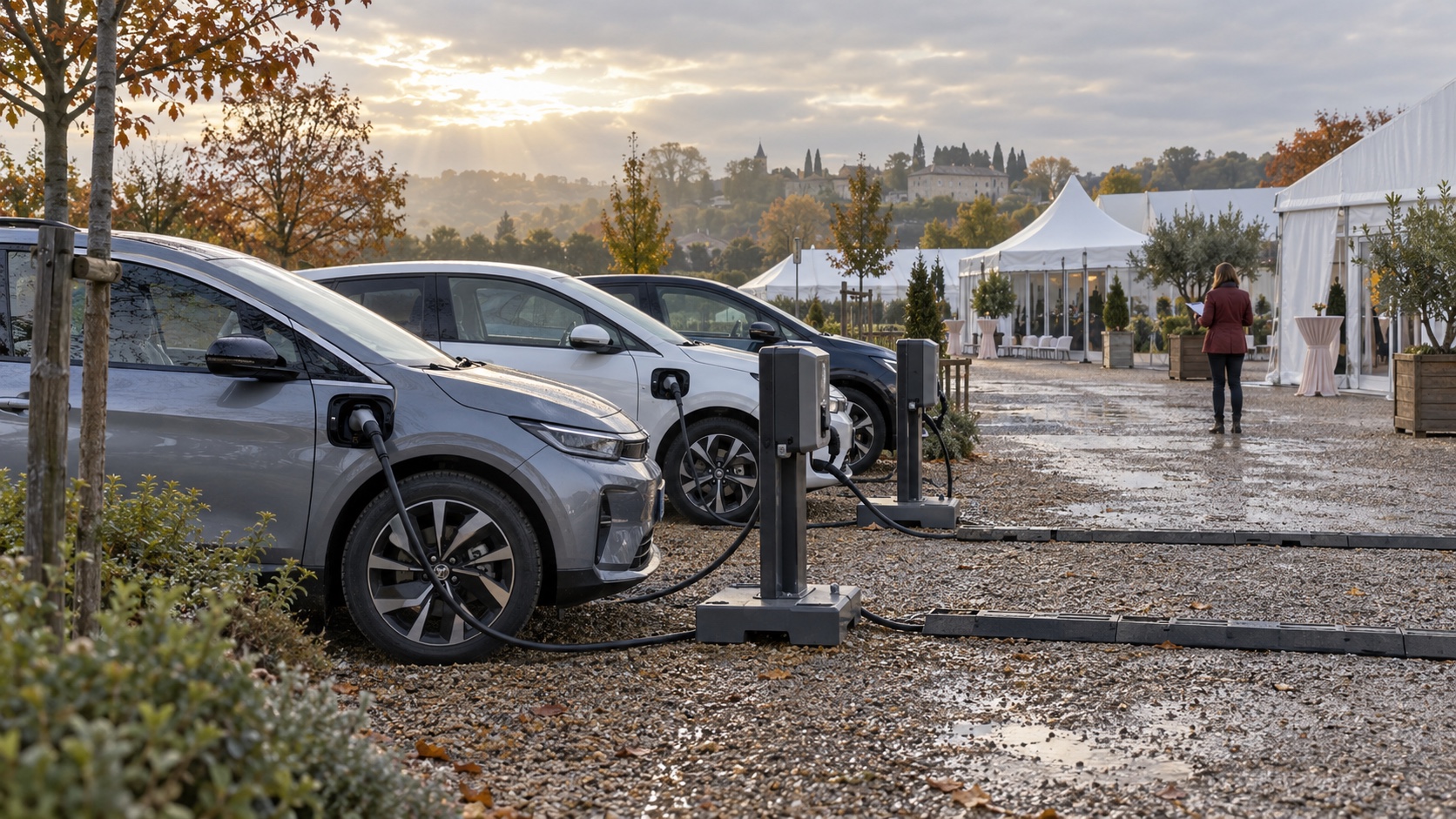 Illustration de trois véhicules électriques branchés sur des bornes temporaires près d’un événement
