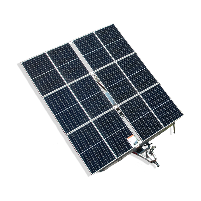 Remorque photovoltaïque Revolt LOEG.RPS009.KWH, panneaux déployés, modèle annoncé à 3,96 kWc et 9,6 kWh de stockage